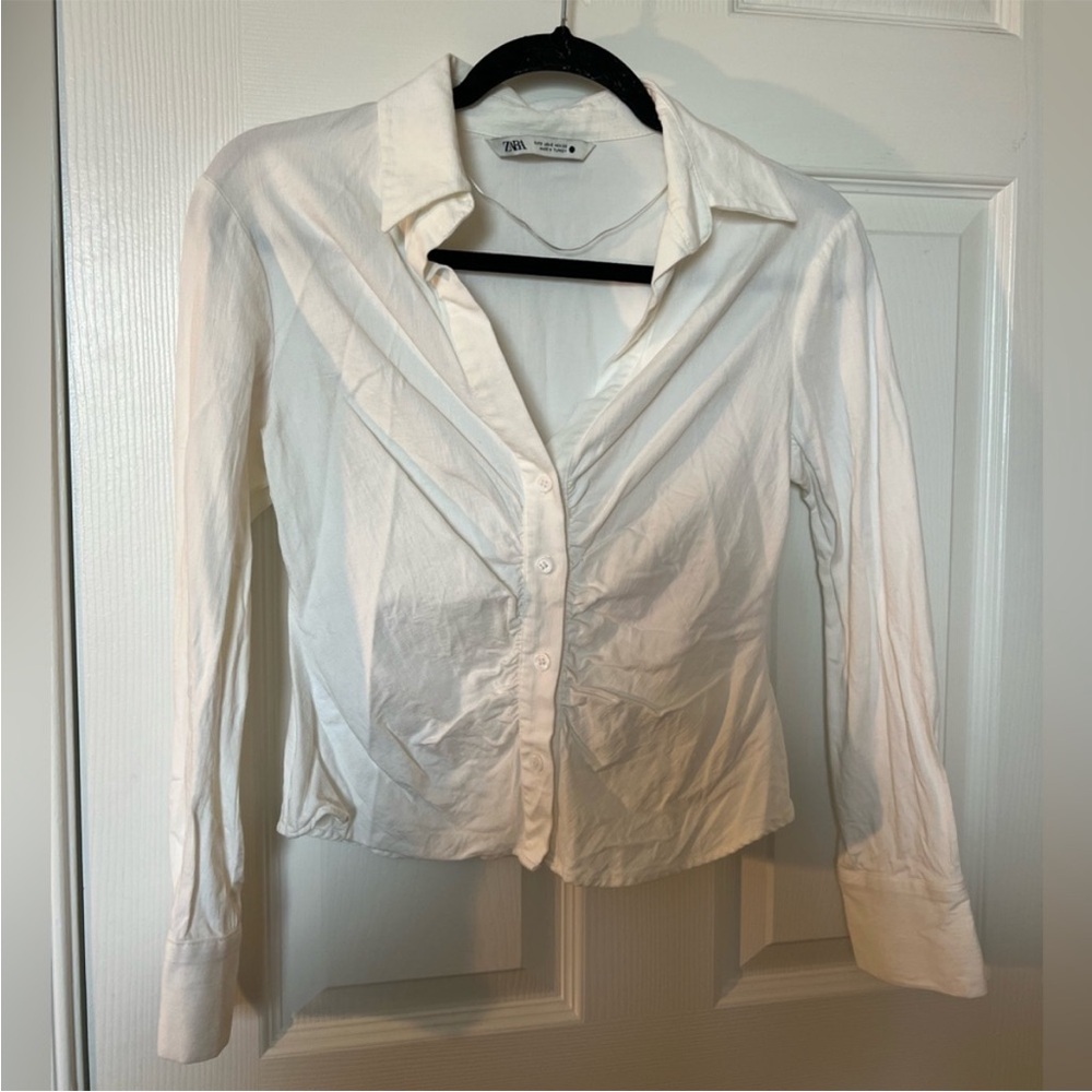 Zara Ruched Women's White Button-Up Top